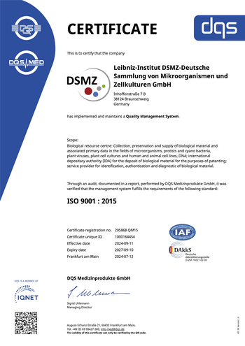 Certificate for the Quality Management System of the DSMZ (ISO 9001:2015)